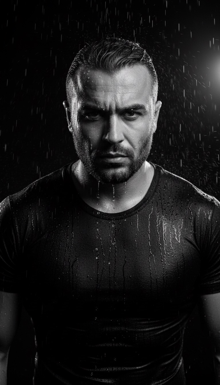 Jason Essazay, black and white portrait in the rain