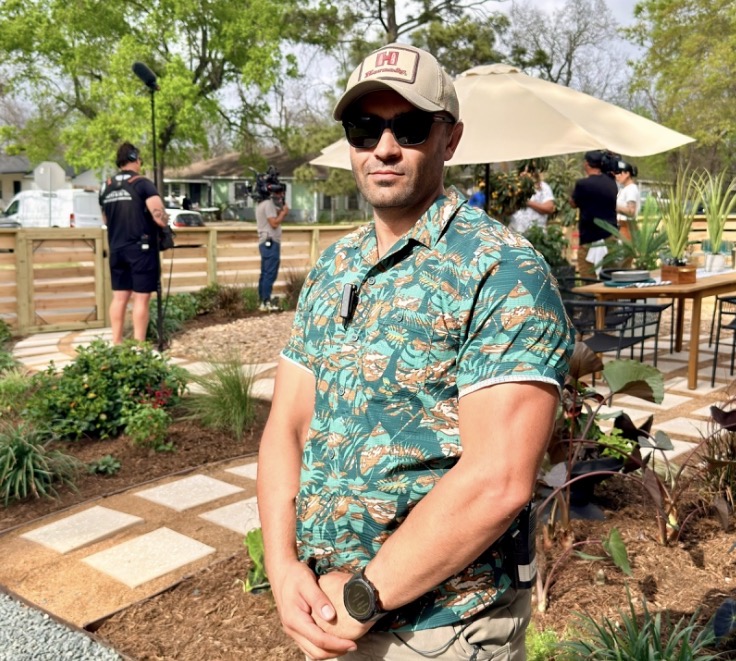 Jason Essazay providing production security on a film set